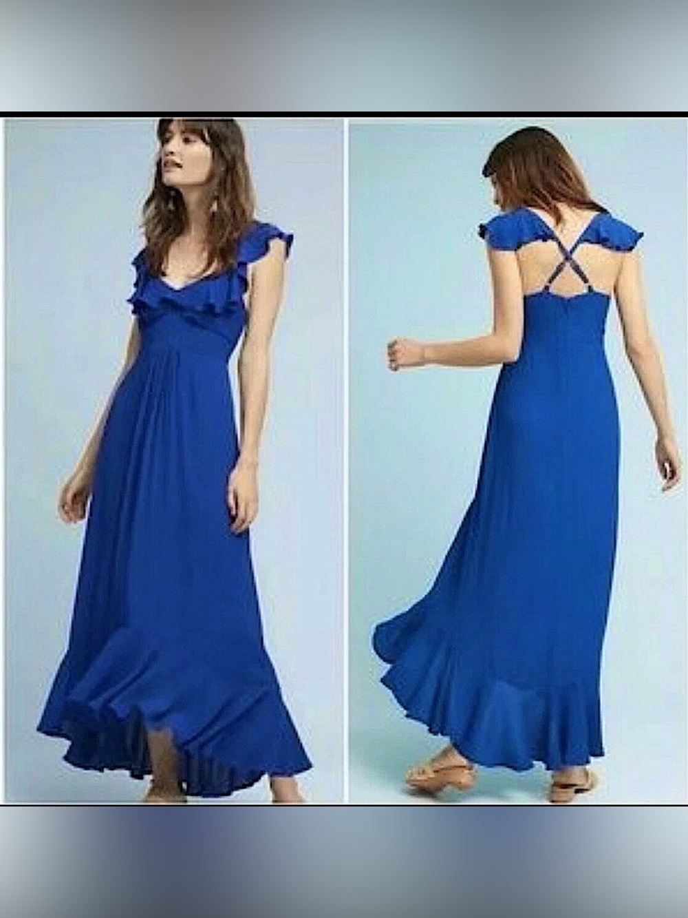 Anthropologie Larke Blue Maxi Dress Cross Back High Low Ruffle Sleeve 6 Petite